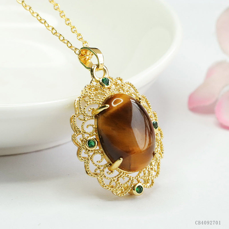 Yellow Tiger Eye Openwork Weave Pendant — No Chain