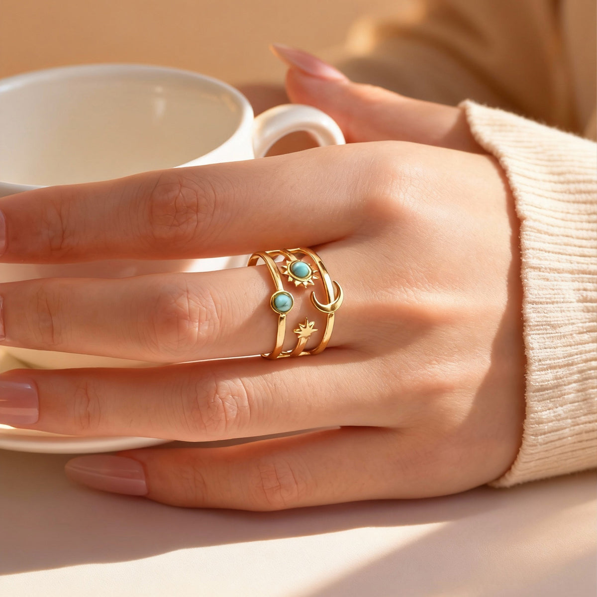 Stainless Steel Version Sweet Cool Wind Turquoise Star & Moon Three-Layer Open Ring Gold