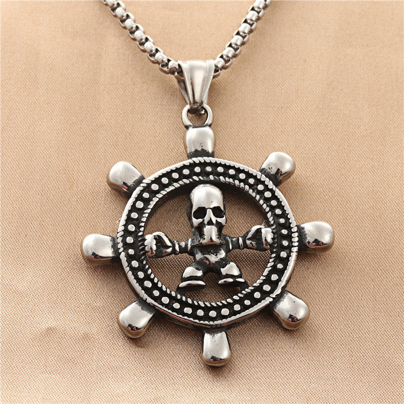 Titanium Steel Skull Pendant Necklace for Men - Retro Punk Style with Rudder Design