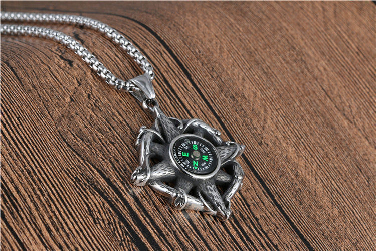 Vintage Titanium Steel Compass Pendant Necklace for Men - Dynamic Fitness Design by Planderful