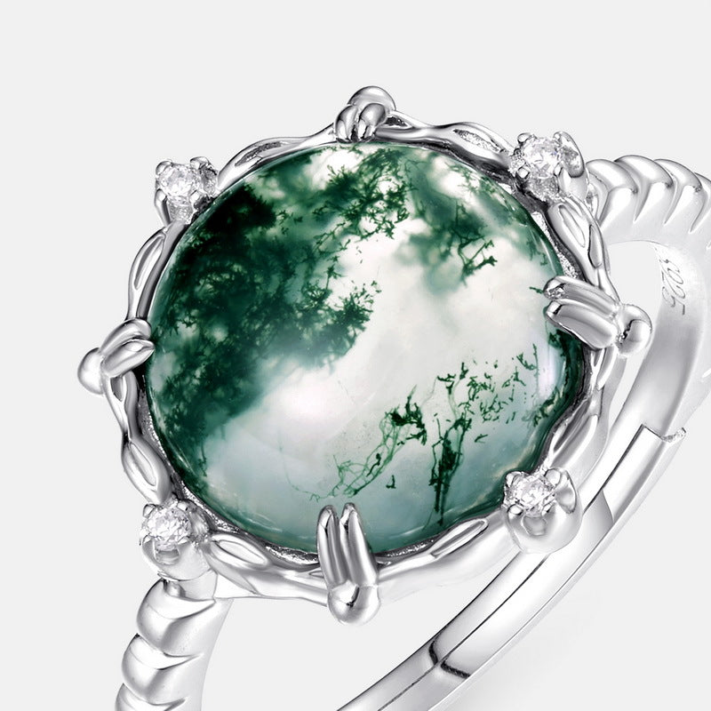 S925 Sterling Silver Gold-Plated Moss Agate Adjustable Ring