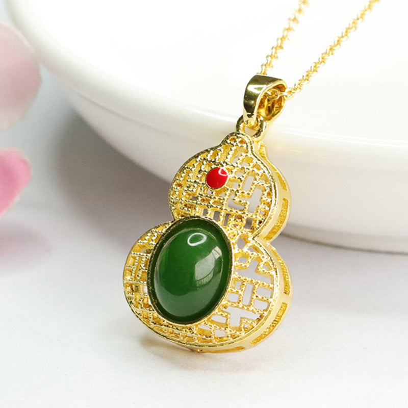 Fortune's Favor Sterling Silver Jade Gourd Pendant