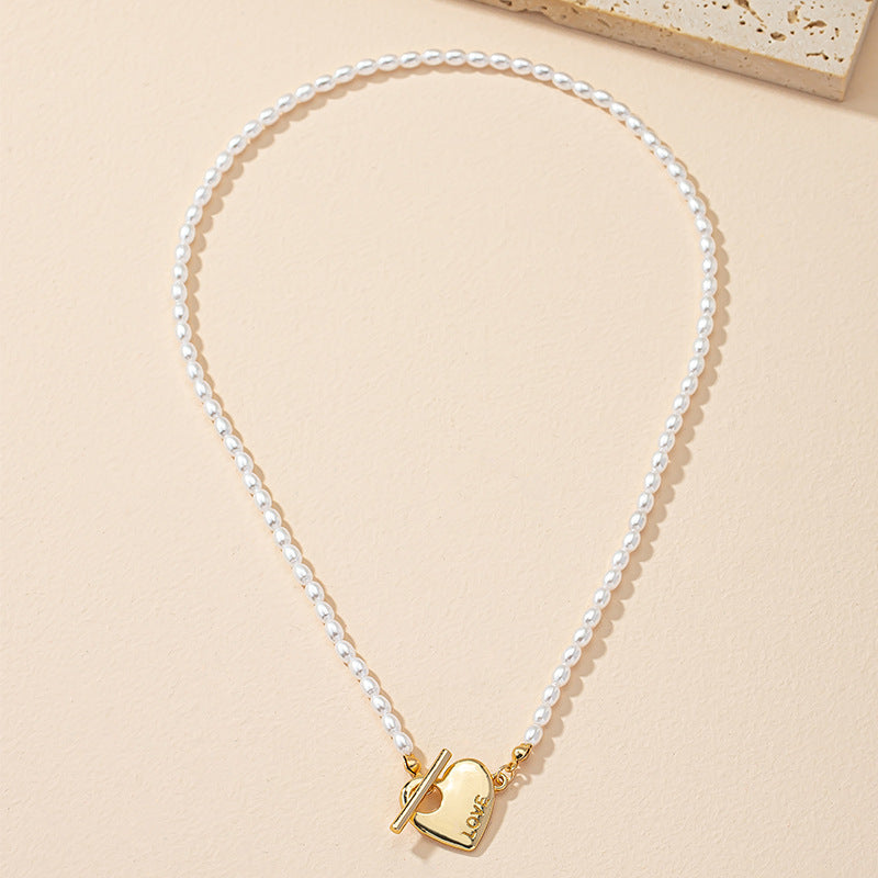 Elegant Pearl Heart Letter Necklace with OT Buckle for Women