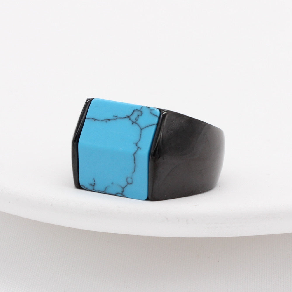 Turquoise Titanium Square Steel Ring For Men And Unisex Planderful Everyday Genie Protection Statement Jewelry