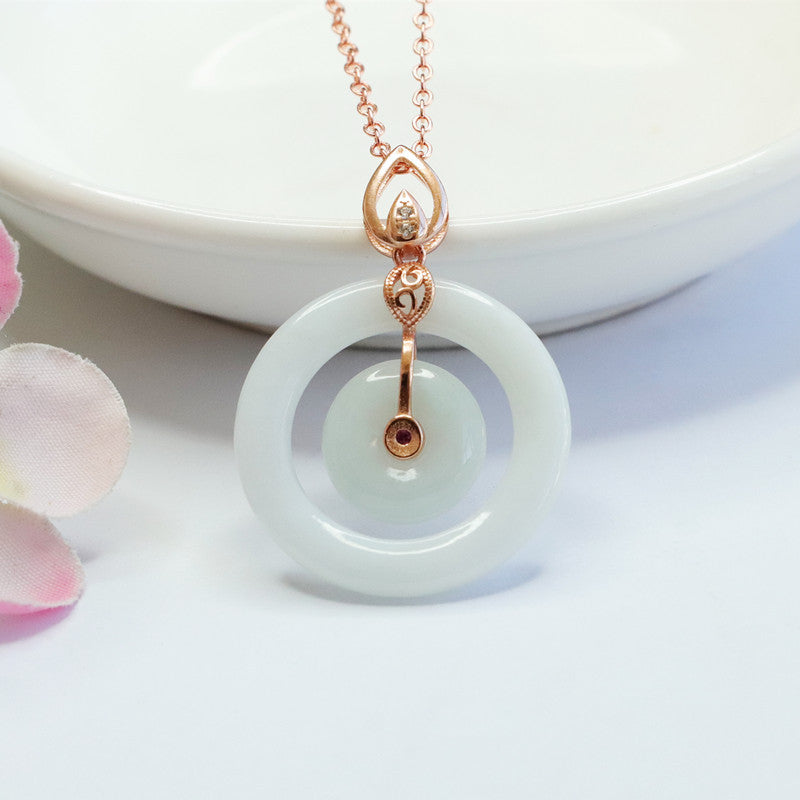 Myanmar Jade Necklace Double Circle Sterling Silver Pendant