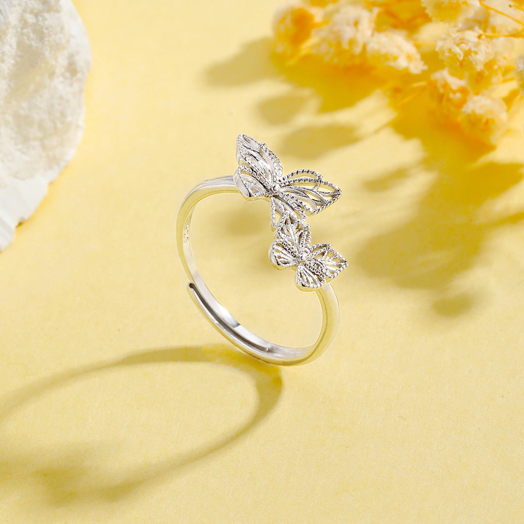 Fengsen Everyday Genie – S925 Sterling Silver Two Butterfly Filigree Ring Versatile High-End Design