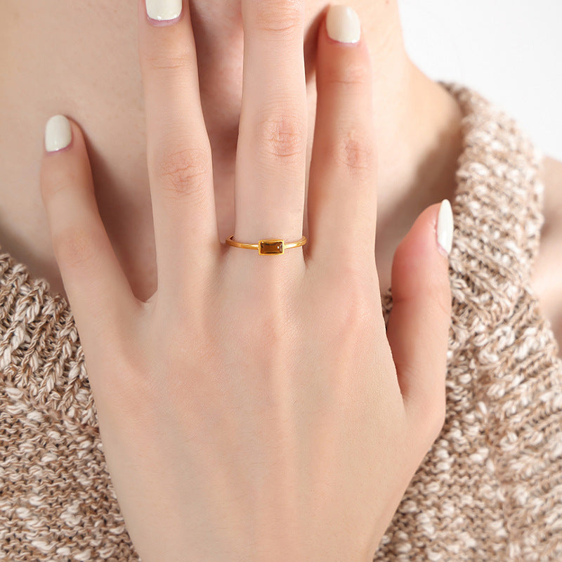 Colorful Spar Inlay Titanium Steel Gold-Plated Thin Ring - Korean Style Women's Jewelry