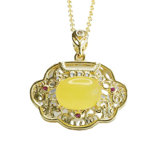 Ethnic Style Sterling Silver Ruyi Pendant with Beeswax Amber