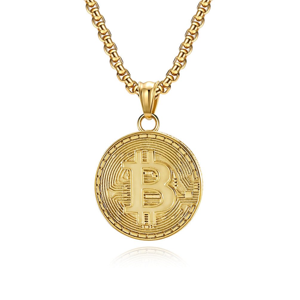 Cross-Border European American Hip-Hop 18K Gold Bitcoin Pendant