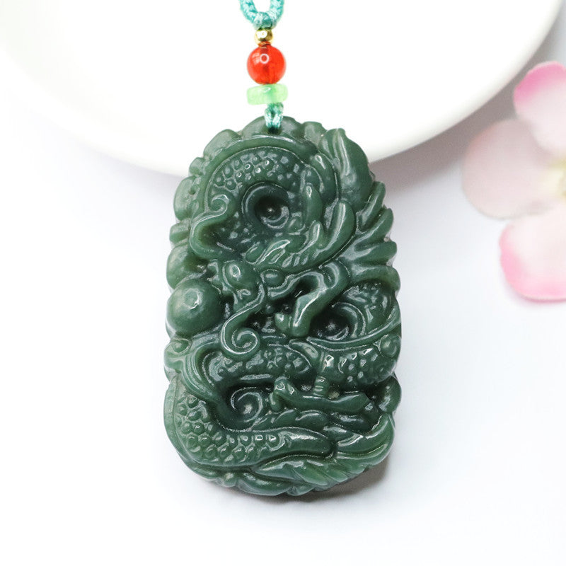 Emerald Flying Dragon Necklace with Beaded Playful Dragon Jade Jewelry