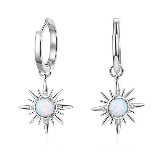 Sun Pendant Round Opal Small Zircon Sterling Silver Hoop Earrings