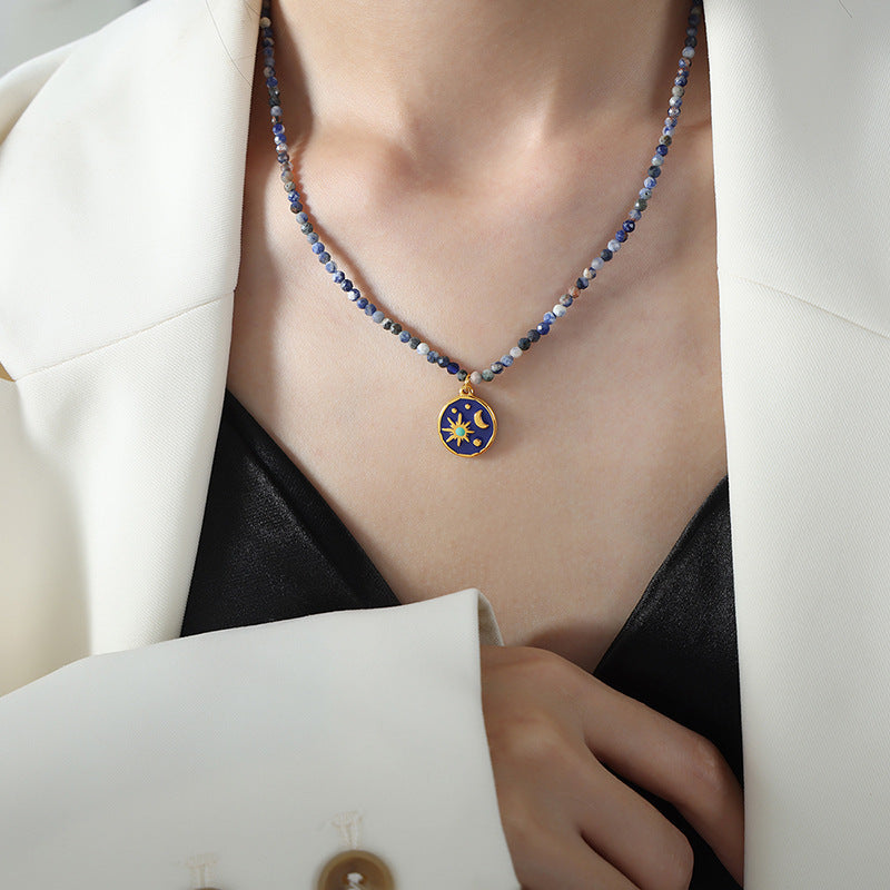 Midnight Dream Stainless Steel Pendant Necklace with Blue Spirit Gray Natural Stone