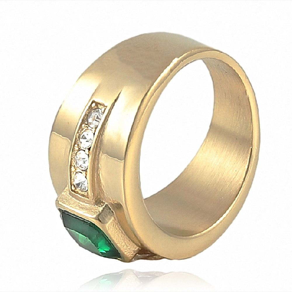 Stylish Green Zircon Inlaid Titanium Steel Ring for Men and Women - European, American, and Korean Design