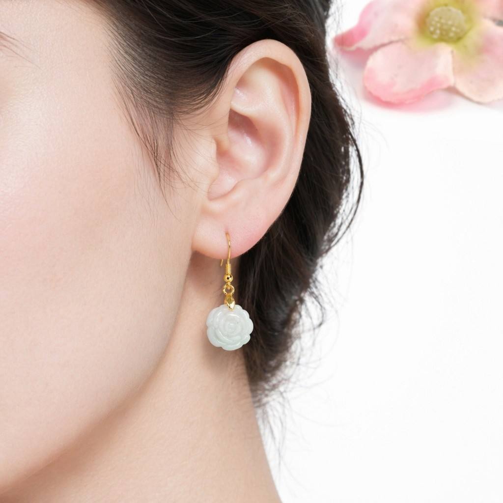 Jadeite Rose Flower Hook Earrings