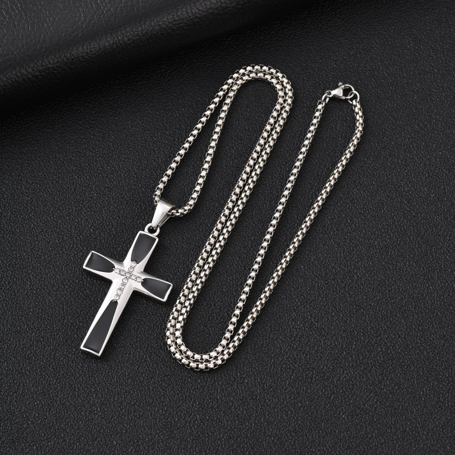 Stainless Steel Acrylic Zircon Cross Men's Pendant Necklace