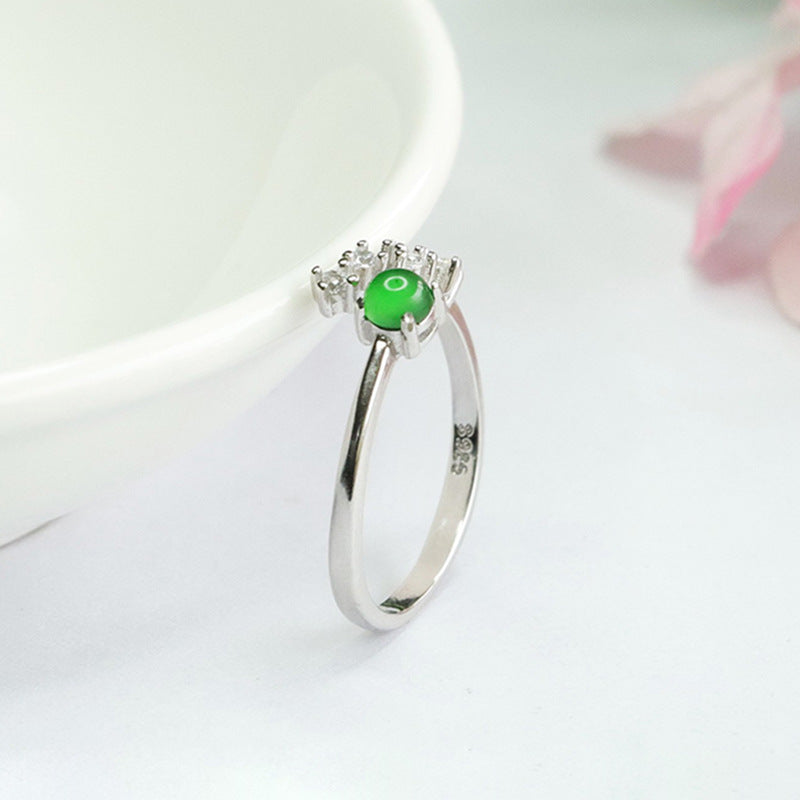 Sterling Silver Adjustable Ice Emperor Green Jade Ring with Zircon Stars