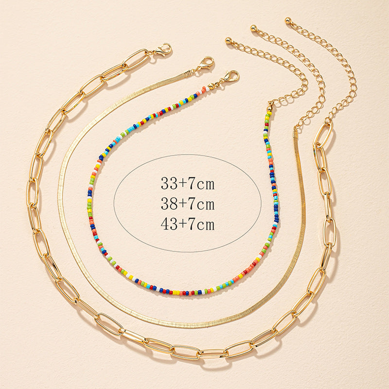 Trendy Multicolored Beaded Snake Chain Necklace Set with Niche Clavicle Chain