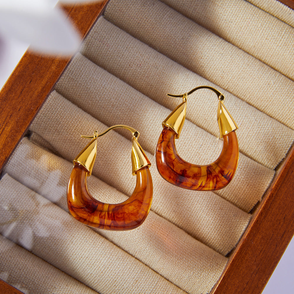 Golden Retro U-Shaped Earrings with Resin Design