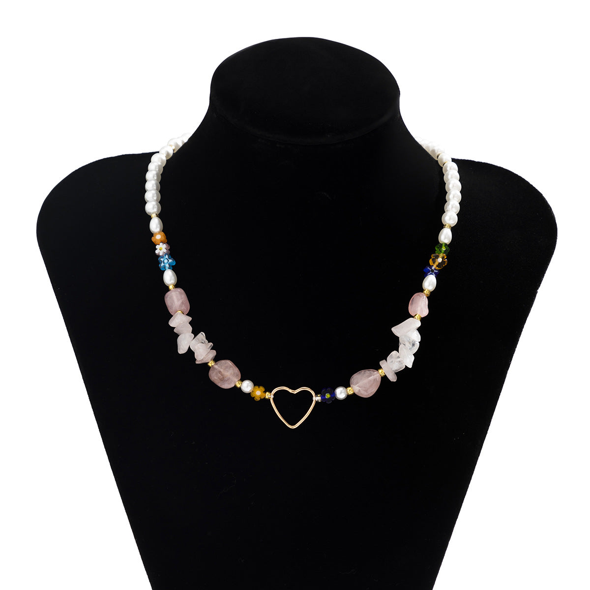 Planderful Vienna Verve Flower Heart Necklace For Women, Retro Spliced Layered Multi Heart Gravel Statement Jewelry