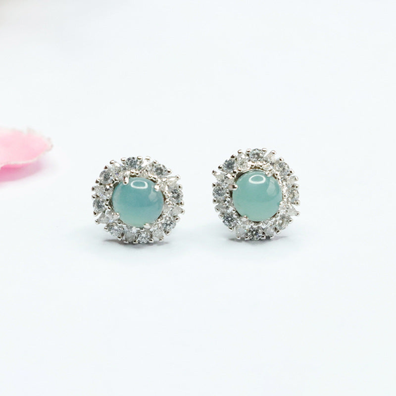 Icy Blue Jadeite Cabochon 925 Silver Stud Earrings
