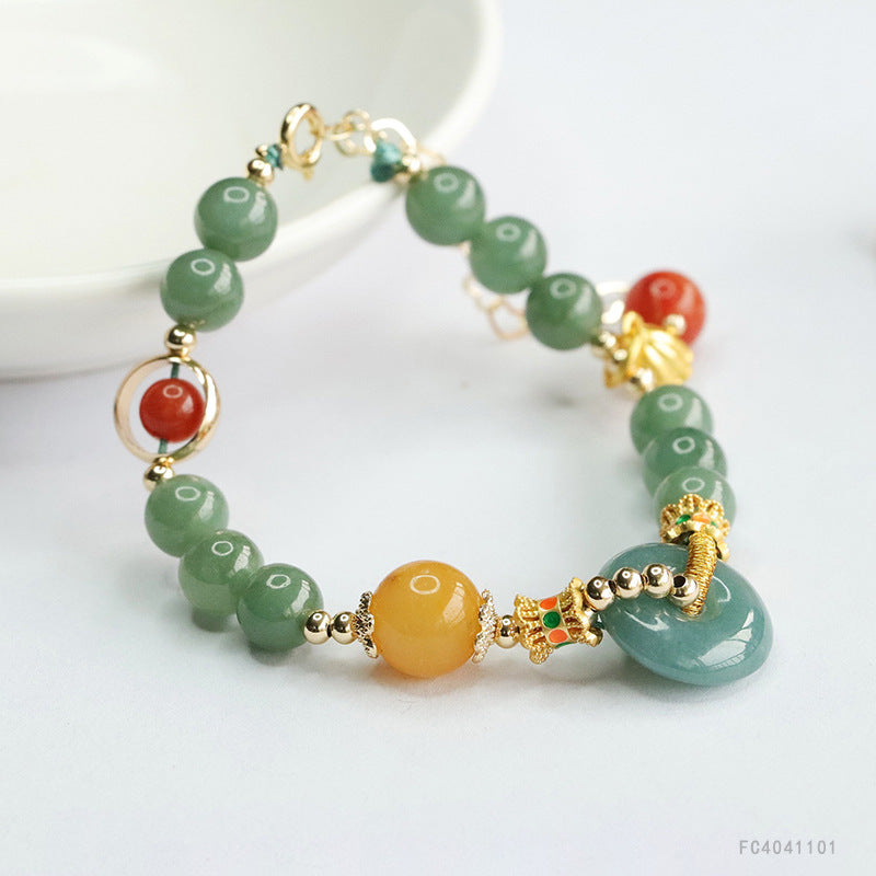 Blue Water Jadeite Peace Buckle & Round Bead 7 mm Bracelet