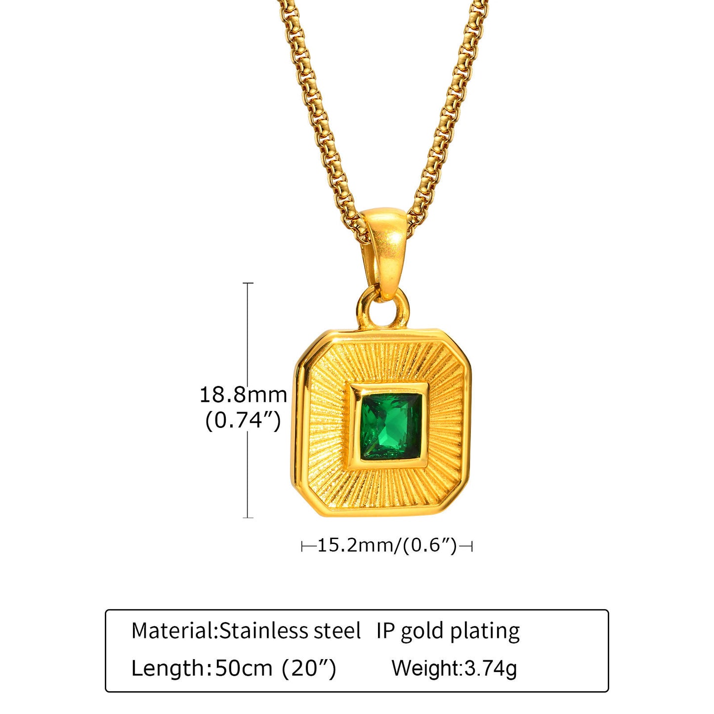 Stainless Steel Zircon Square Pendant Necklace Gold Women