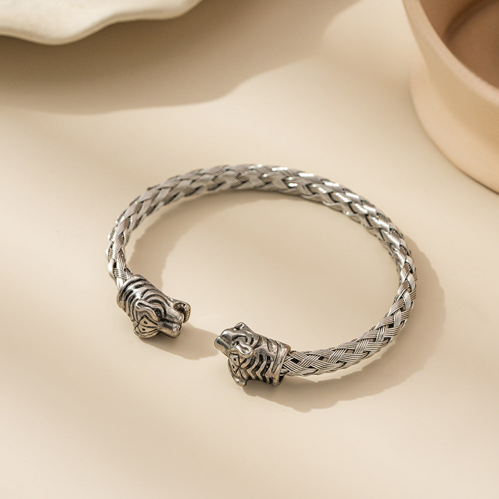 Planderful Everyday Genie Men's Tiger Head Stainless Steel Woven Bracelet Domineering Open Cuff Jewelry