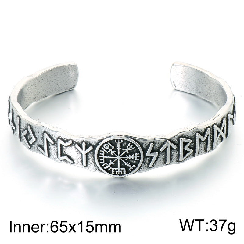 Nordic Viking Warrior Luhn Rune C-Type Bracelet Wolf Head Stainless Steel Men's Open