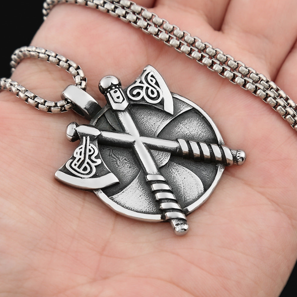 Retro Double Axe Titanium Steel Pendant Necklace for Men