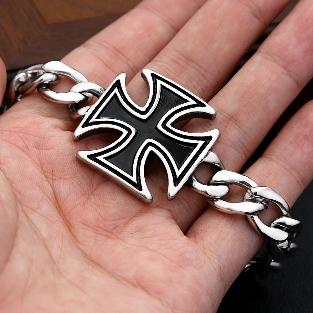 Planderful Vintage Stainless Steel Cuban Bracelet With Black Epoxy Cross For Men