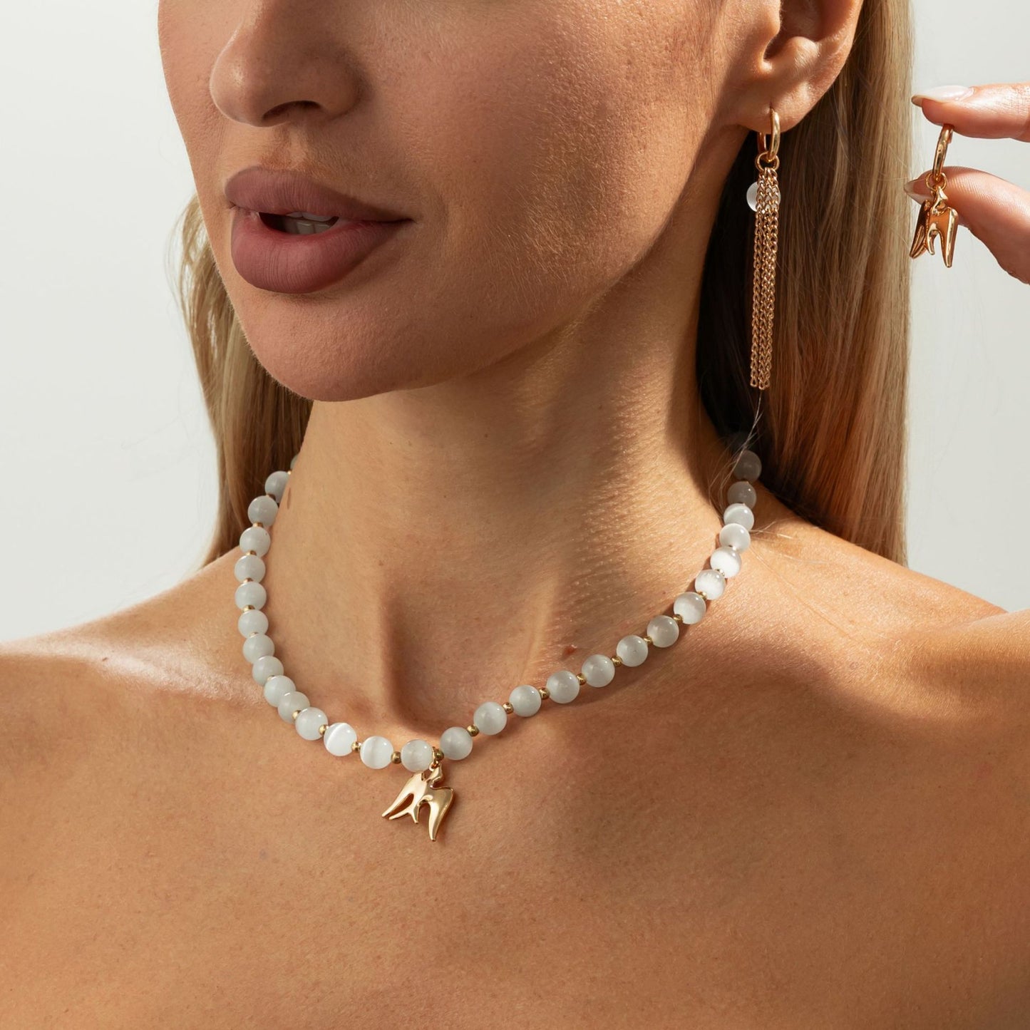 Planderful Vienna Verve Cat Eye Beaded Jewelry Set For Women Fringed Ear Buckle Earrings And Swallow Pendant Necklace