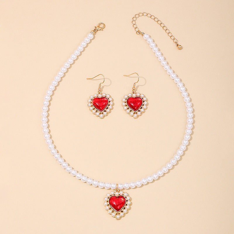 European and American Metal Red Heart Imitation Pearl Jewelry Set with a Touch of Luxury