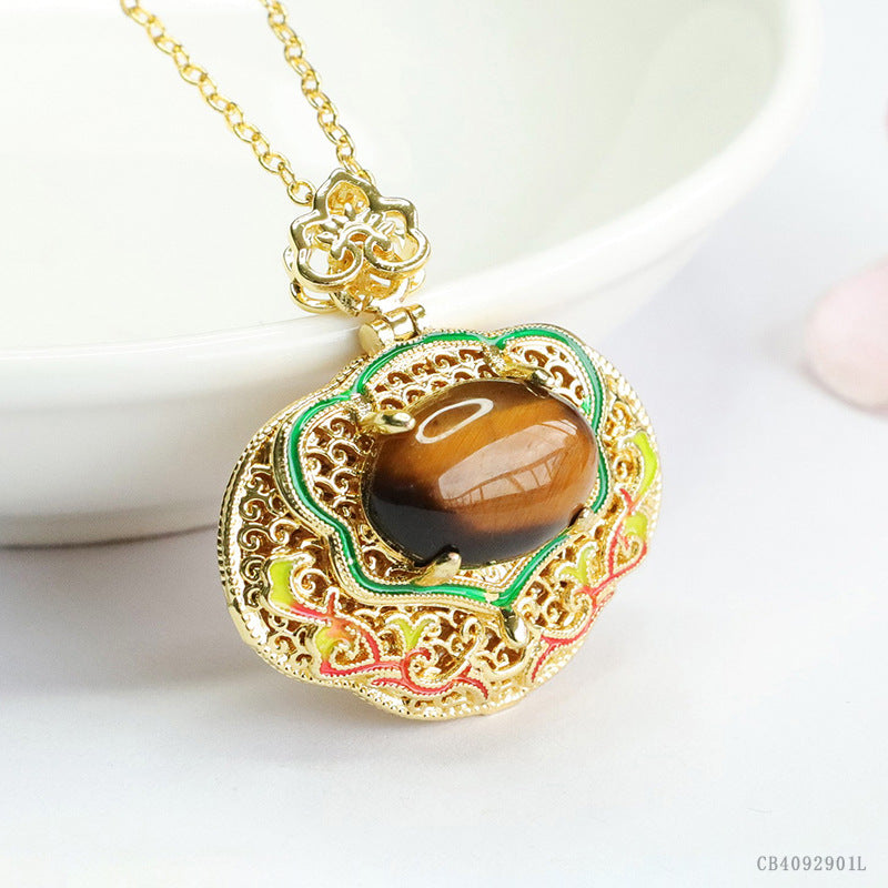 Yellow Tiger Eye Enamel Ruyi Pendant — No Chain