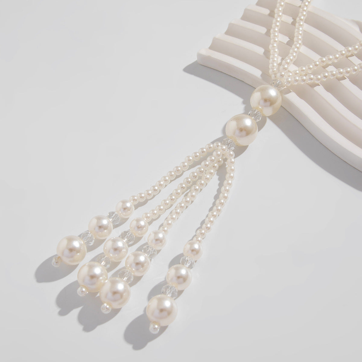 Layered Pearl & Crystal-Style Tassel Long Necklace