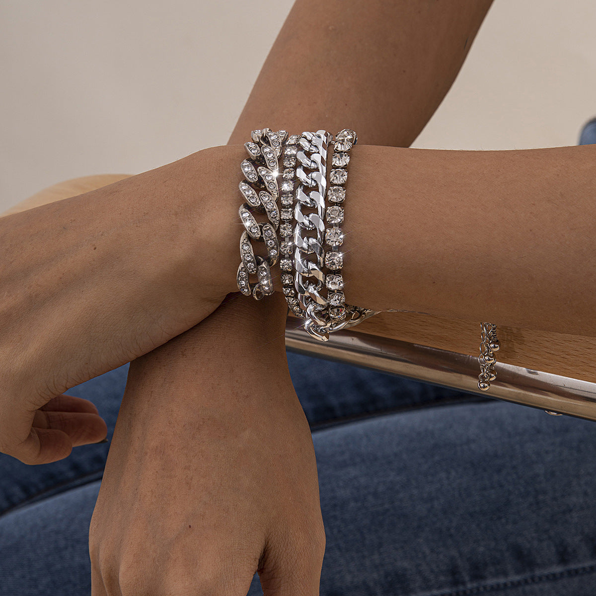 Planderful Vienna Verve Punk Cuban Chain Bracelet Set For Women With Zircon Accents