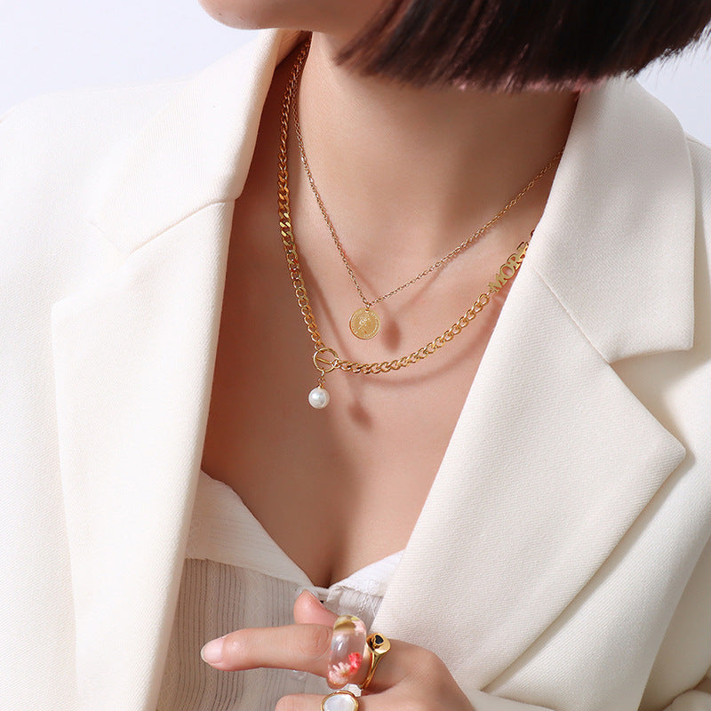 Elegant Pearl Pendant Necklace in Gold Plated Titanium Steel - Stylish Lock Chain Jewelry