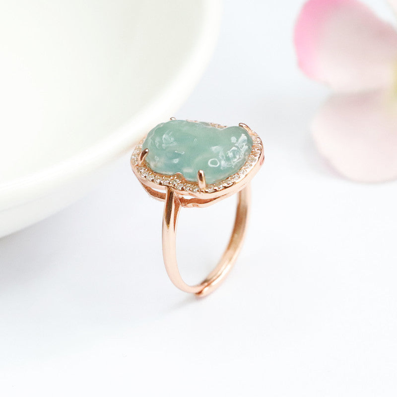 Natural Ice Blue Green Jade Pixiu Sterling Silver Ring