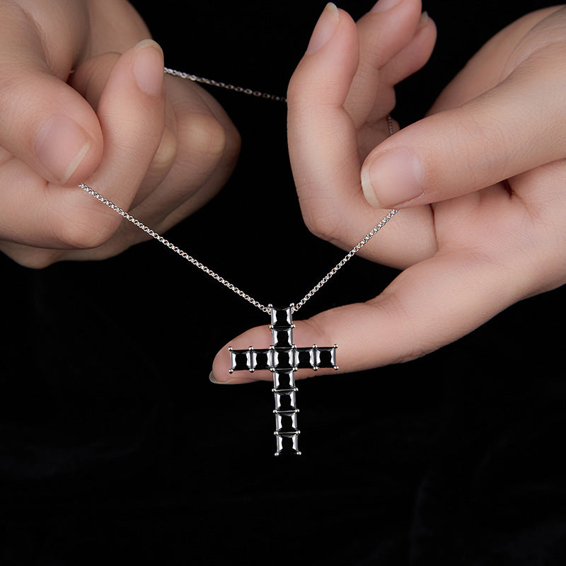1.0 Carat Princess Cut Black Moissanite Cross Silver Necklace