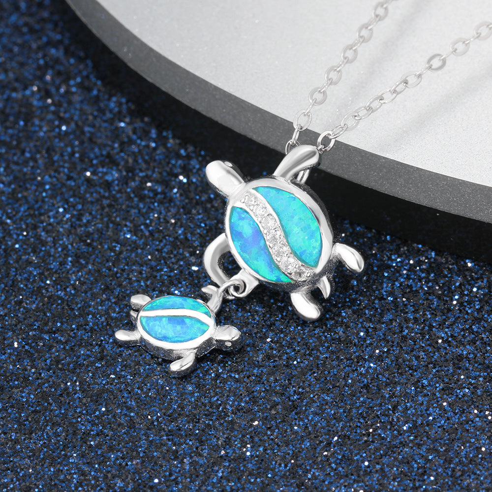 Planderful Jewelry Ocean Series Opal Two Turtle Necklace In Sterling Silver Elegance