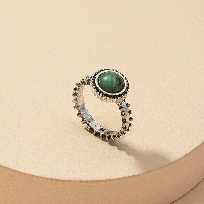 Wholesale Retro Green Stone Ring with Cross-Border Design