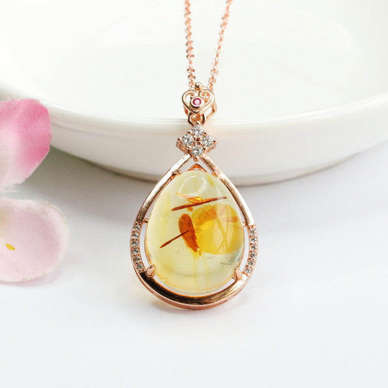 Rose Gold Necklace with Amber Droplet Pendant