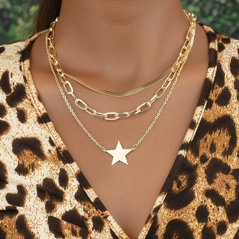 European and American Fashion Necklace with Three-Layer Star Design