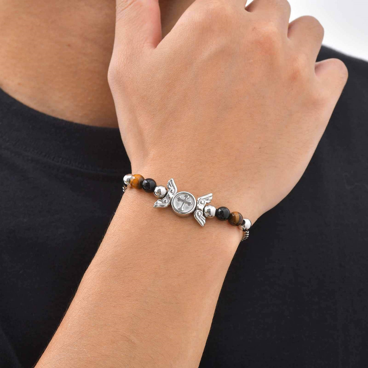 Cross Natural Stone Vintage Stainless Steel Bracelet for Men