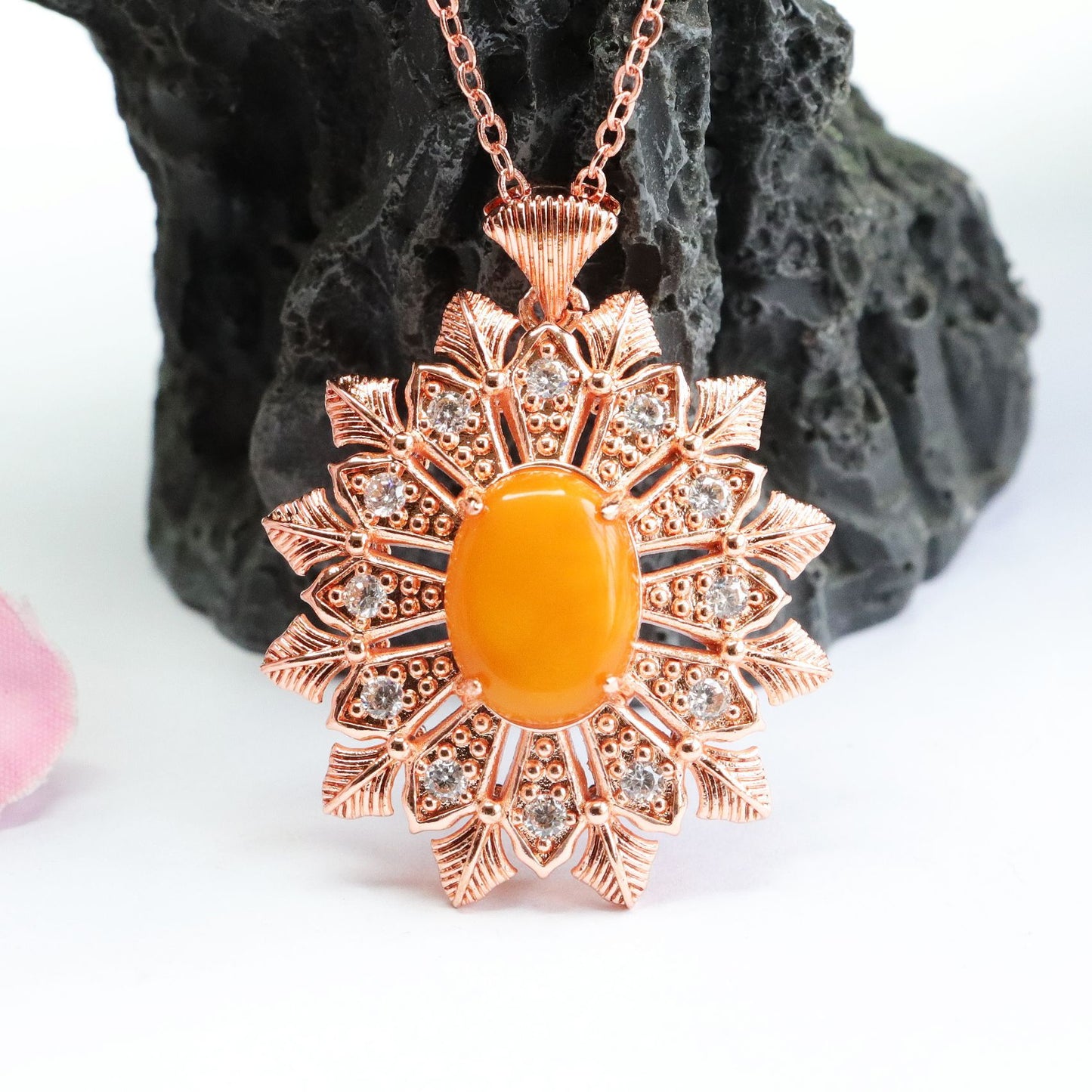 Natural Amber Snowflake Pendant with Beeswax and Zircon Accent Necklace