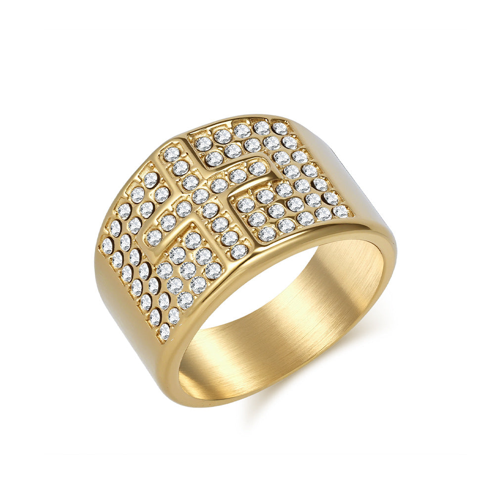 Planderful Everyday Genie Bold Stainless Steel Plated 18K Gold Zircon Cross Ring For Men Hip Hop Style