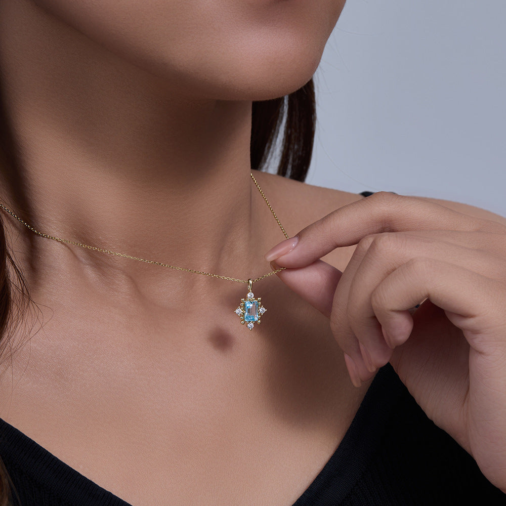 S925 Sterling Silver Retro Natural Sky Blue Topaz Necklace