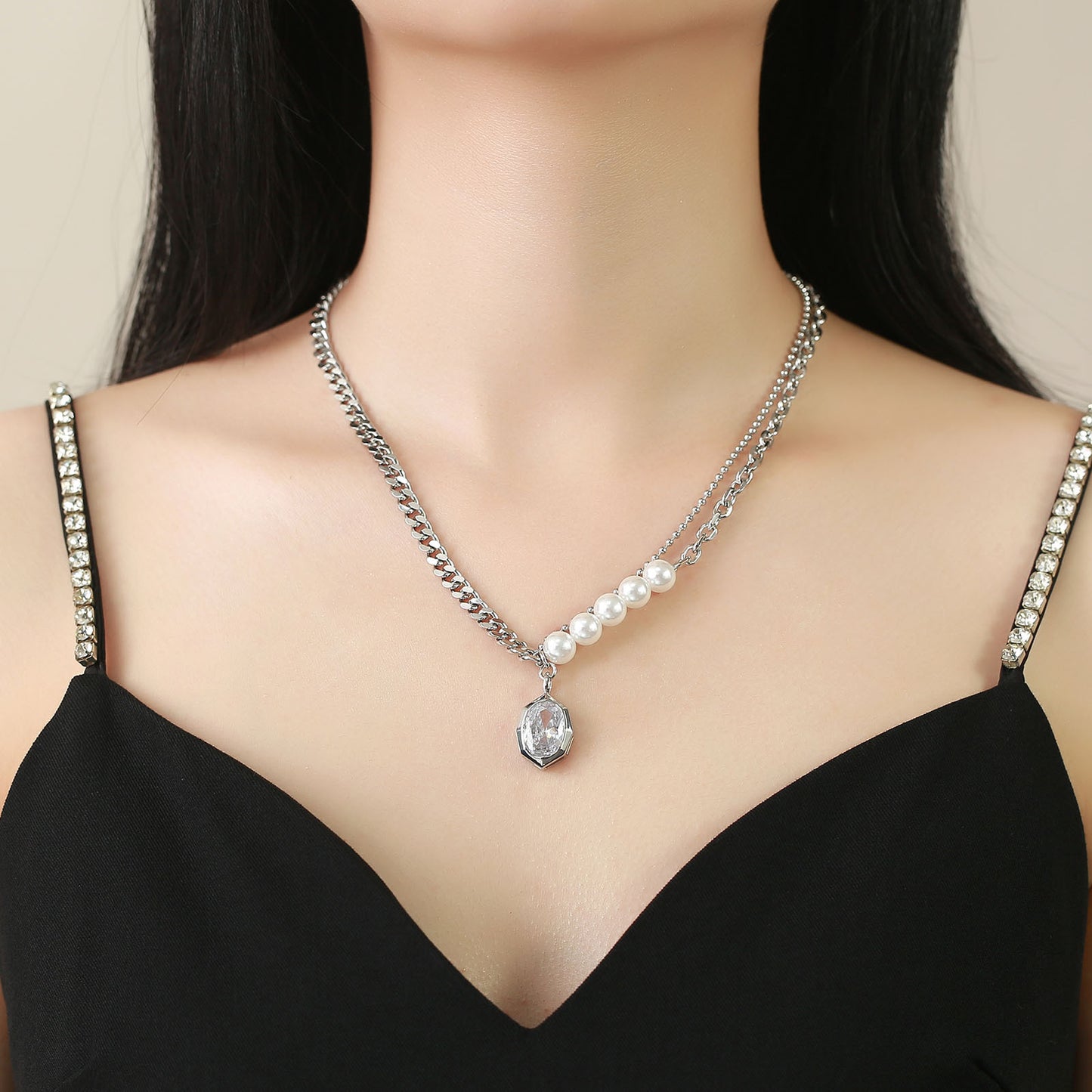 AB Chain Ins Style Fashion Imitation Pearl Zircon Necklace