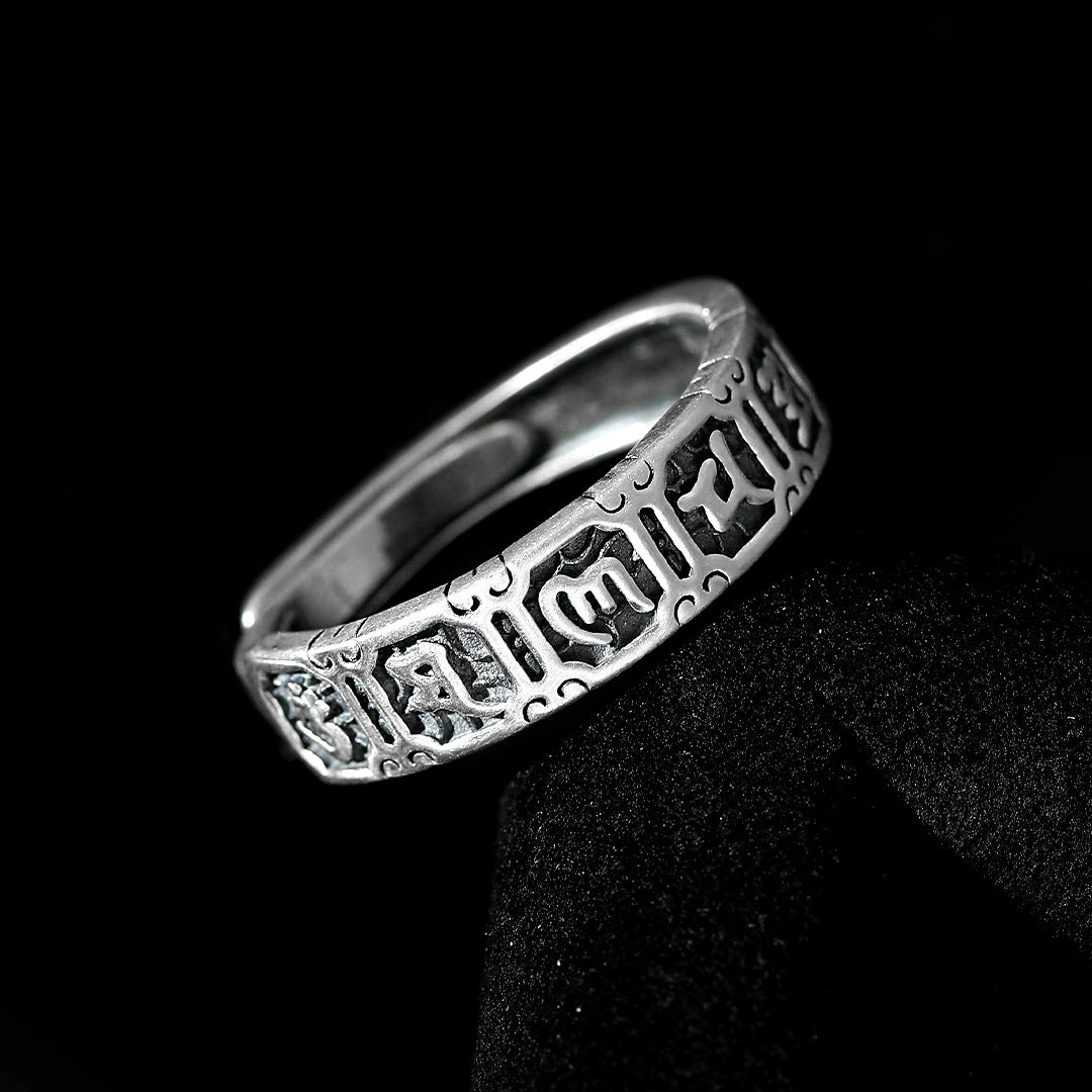 Planderful Sterling Silver Six Character Mantra Ring Unisex Adjustable Opening Versatile Retro Light Luxury
