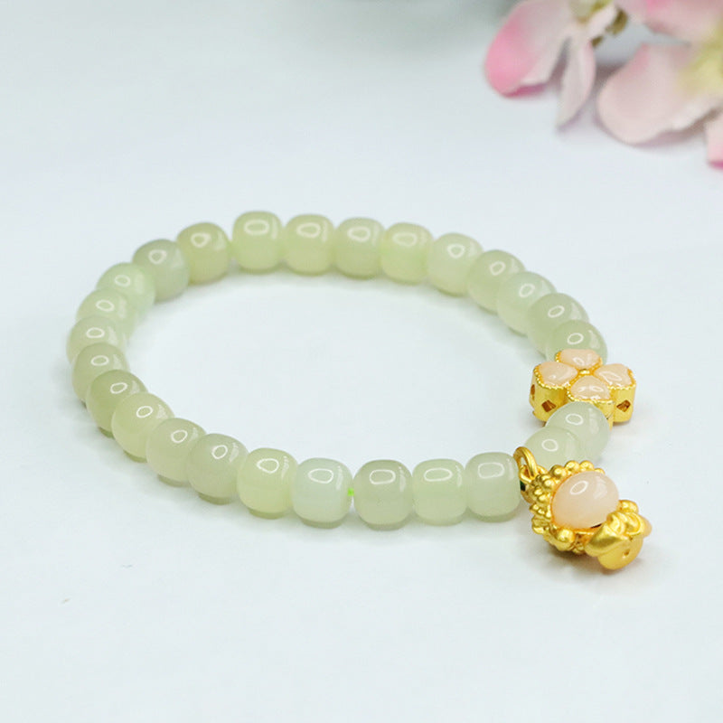 Xiaofo Four Leaf Grass Sterling Silver Bracelet with Natural Hotan Jade