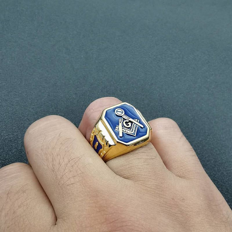 Planderful Hip Hop Ring For Men Durable Titanium Steel Gold Plated Blue Glue Freemason AG Everyday Genie